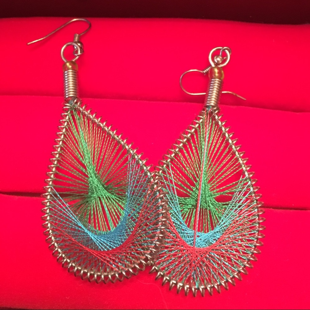 Handmade threaded teardrop earrings